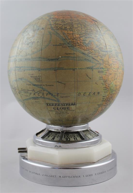 A Jaeger Le Coultre electric revolving globe timepiece, 10.5in.